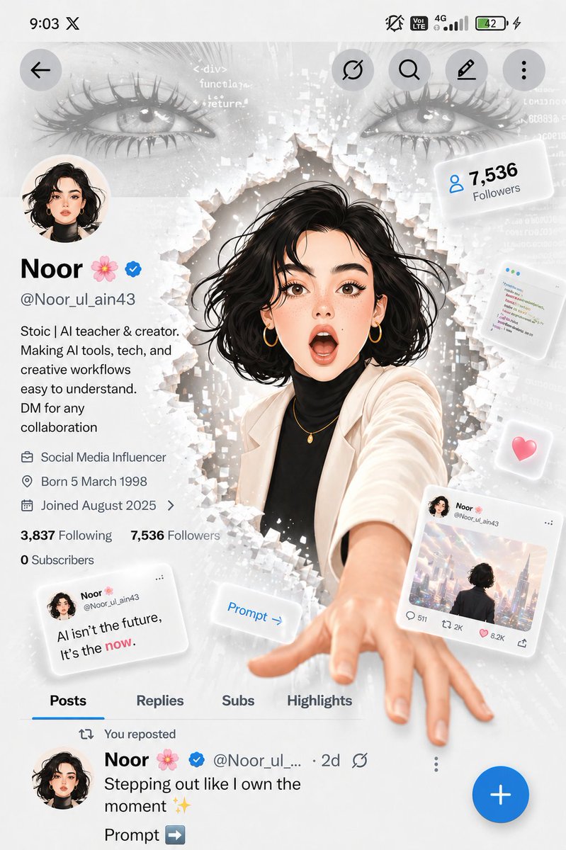 GPT Image 2 by @Noor_ul_ain43: A futuristic social media profile UI in a clean white minimal aesthetic, inspire