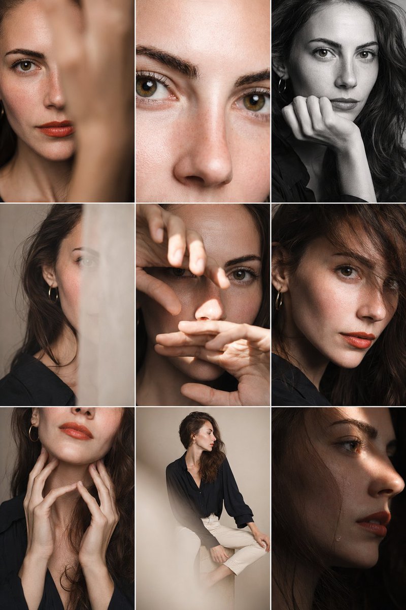 GPT Image 2 by @miilesus: Editorial 3x3 photo grid in a clean soft beige studio. Character (matches refere