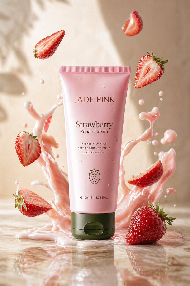 GPT Image 2 by @Strength04_X: A sleek jade-pink tube labeled "Strawberry Repair Cream" upright on glossy marbl