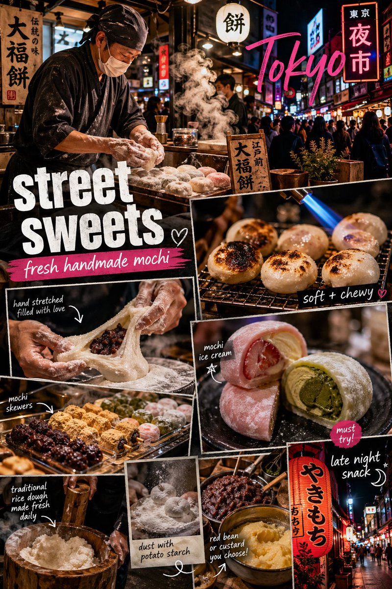 GPT Image 2 by @MrDasOnX: A vibrant Tokyo street food scene focused on Japanese mochi desserts, styled as