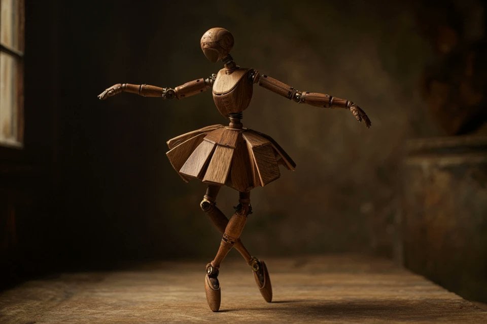 A wooden automaton version of a [subject], jointed with brass pins, natural wood