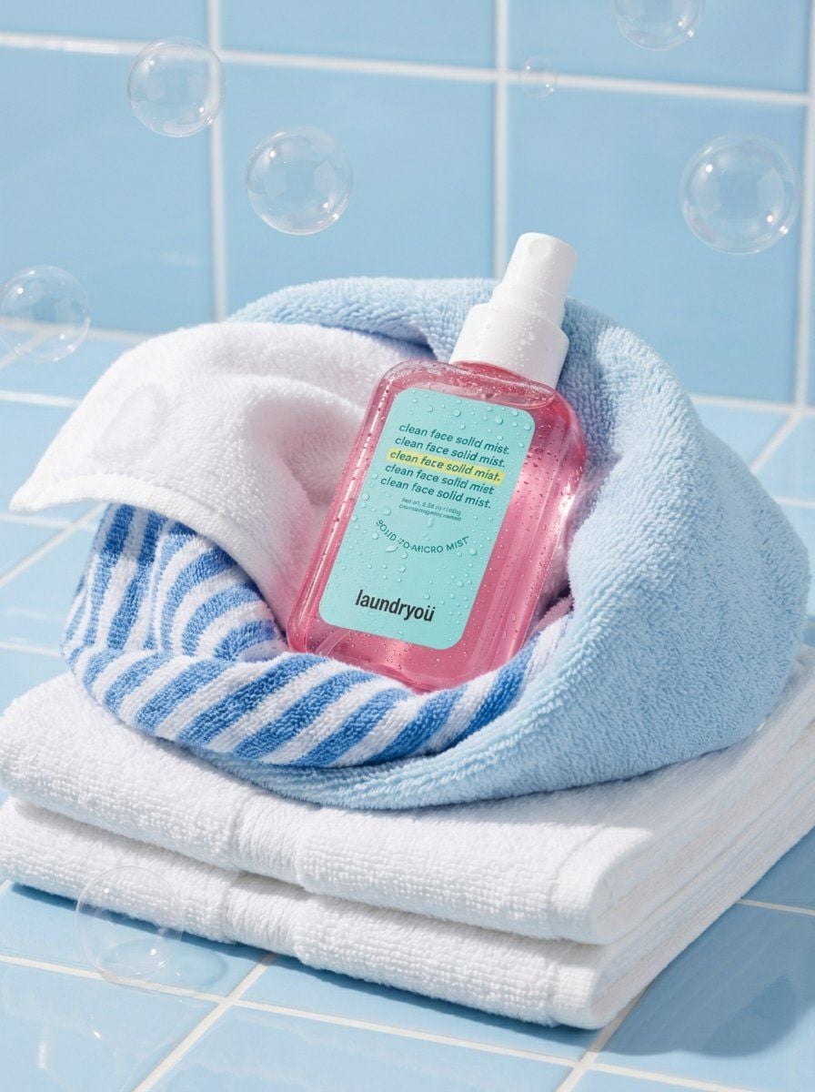 A translucent pink facial mist spray bottle with a white cap, covered in tiny co