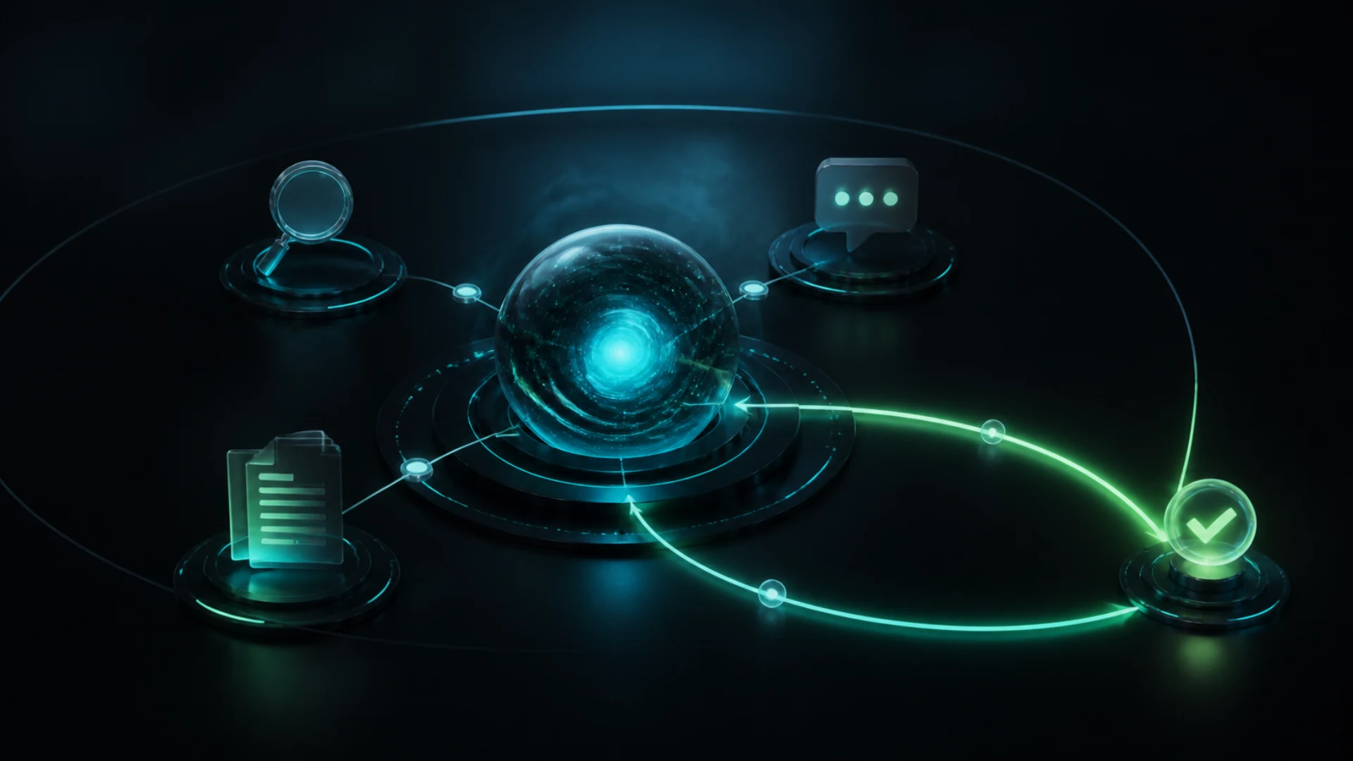 A luminous core connects search, documents, conversation and a completed result — the Clipia AI Agent