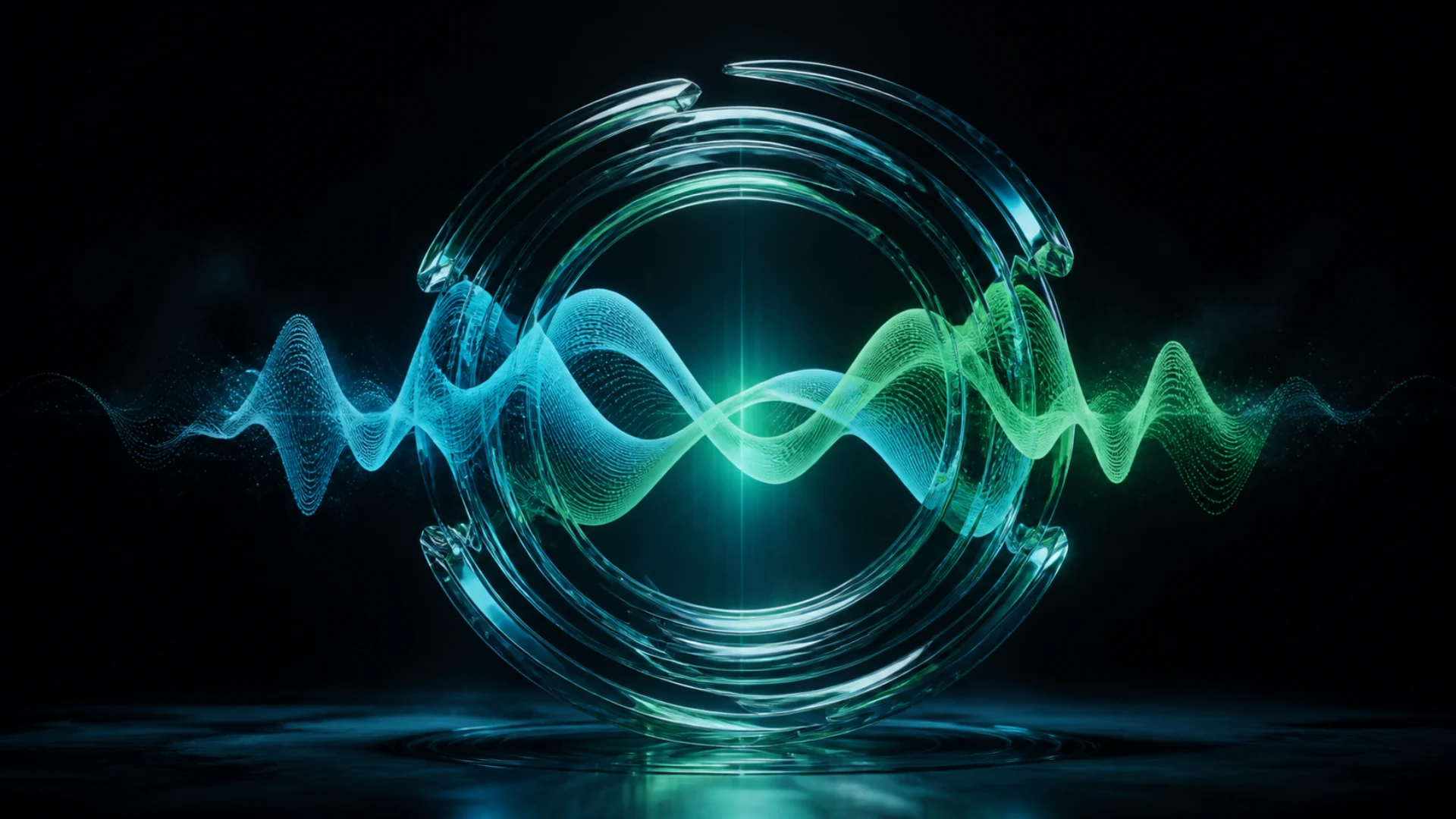 Two luminous sound waves pass through a glass ring — the new Clipia audio workspace