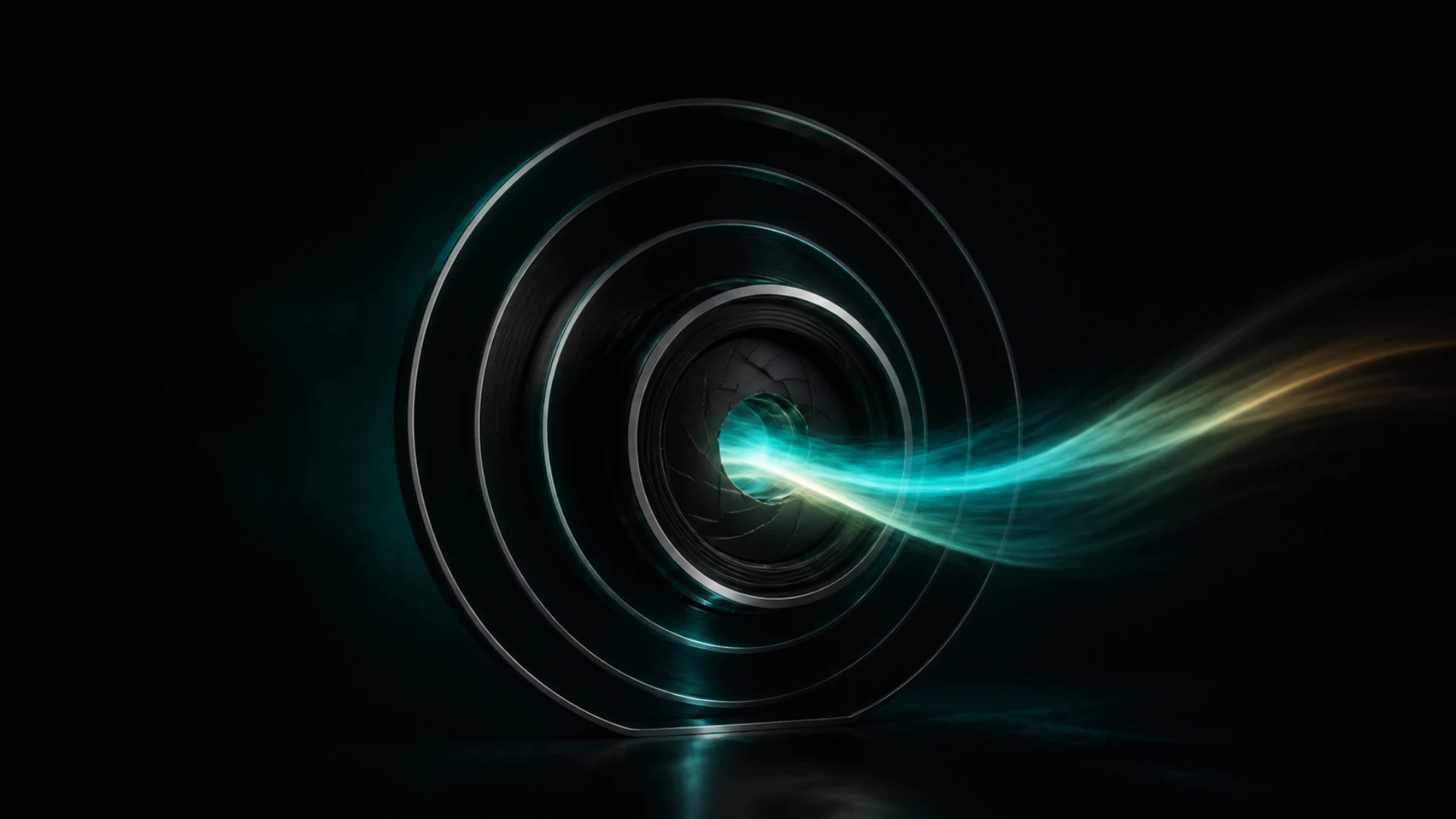A cinema aperture with five concentric control halos and a beam of light — Clipia Cinema Studio
