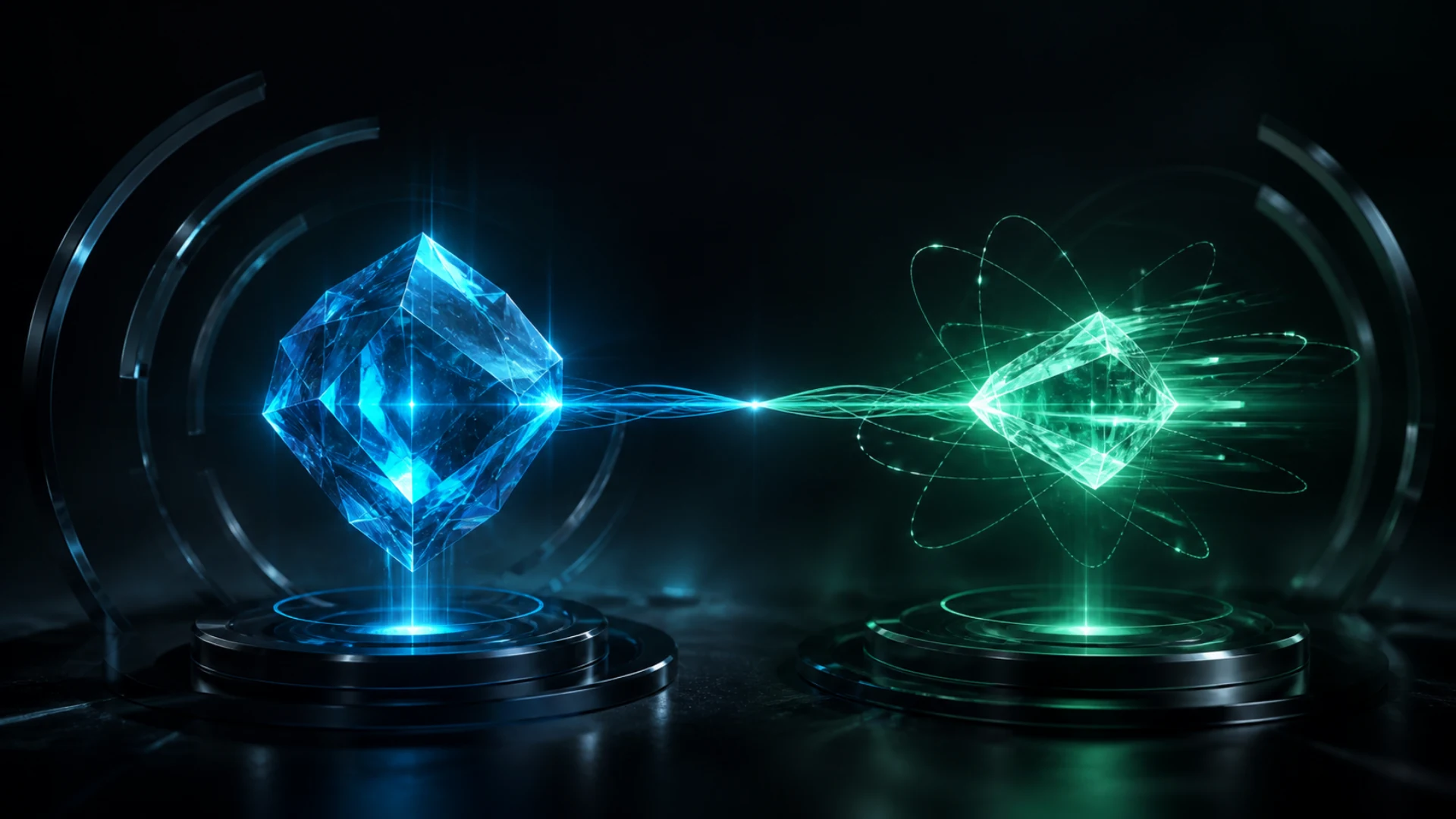 Two crystalline AI cores, blue and green, linked by a stream of light