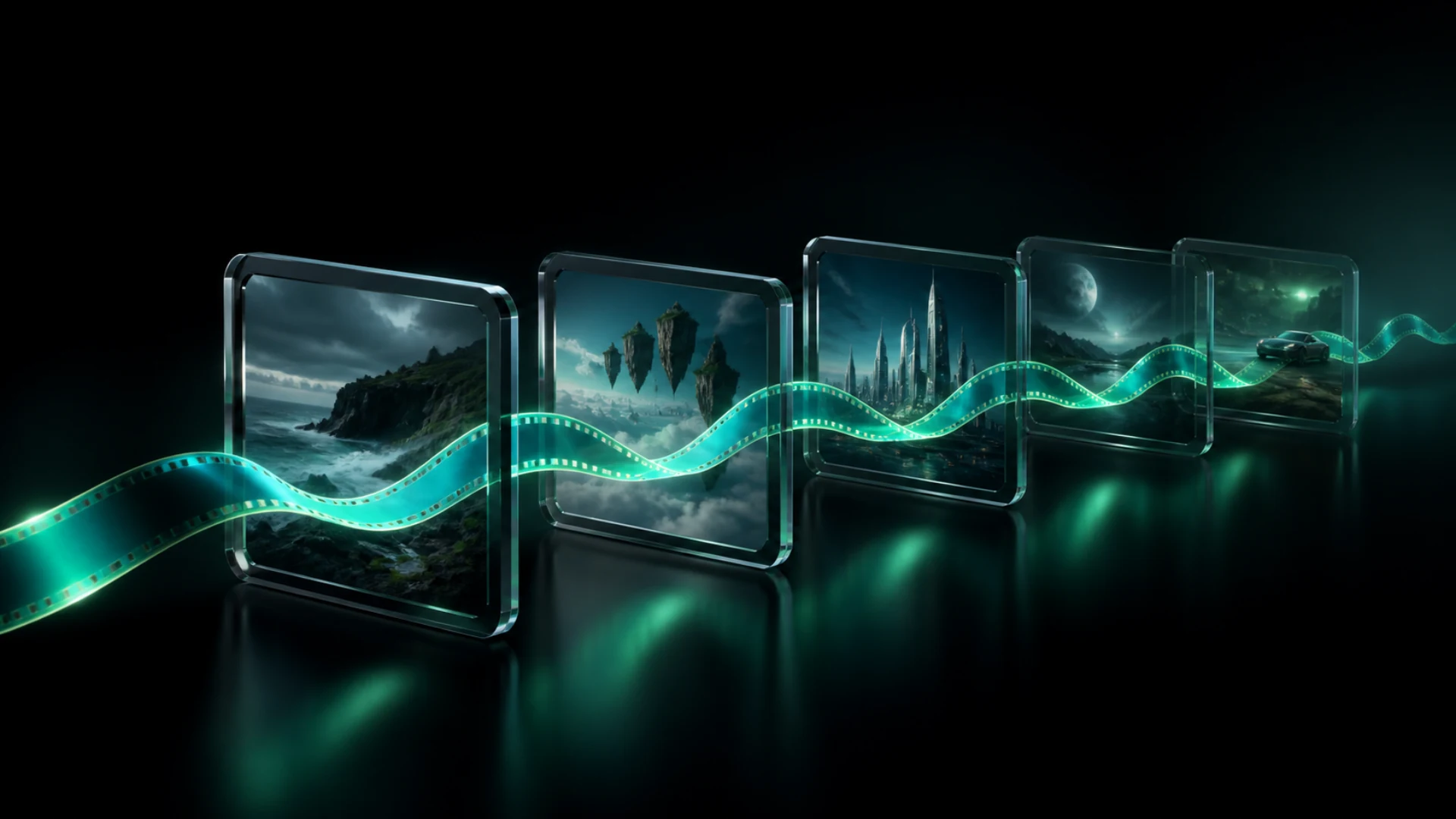 A continuous luminous film ribbon passes through a sequence of frames — Seedance 2.5